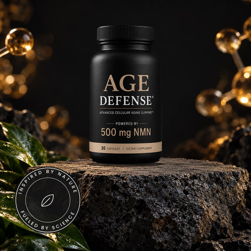 Age Defense bottle on a dark rock plinth with the Inspired by Nature, Fueled by Science seal