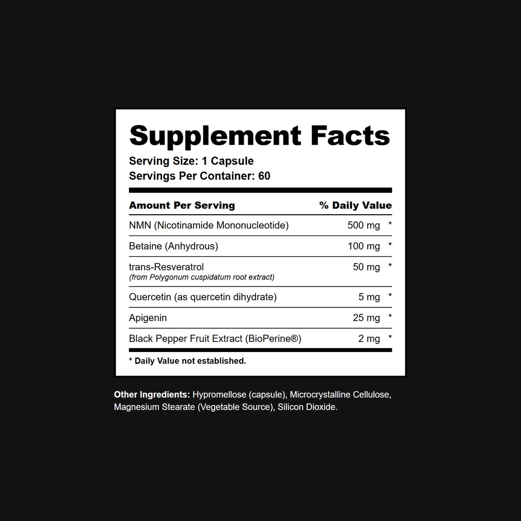 Supplement Facts panel: serving size 1 capsule, 30 servings per container. NMN 500 mg, betaine 100 mg, trans-resveratrol 50 mg, quercetin 5 mg, apigenin 25 mg, black pepper fruit extract (BioPerine) 2 mg.