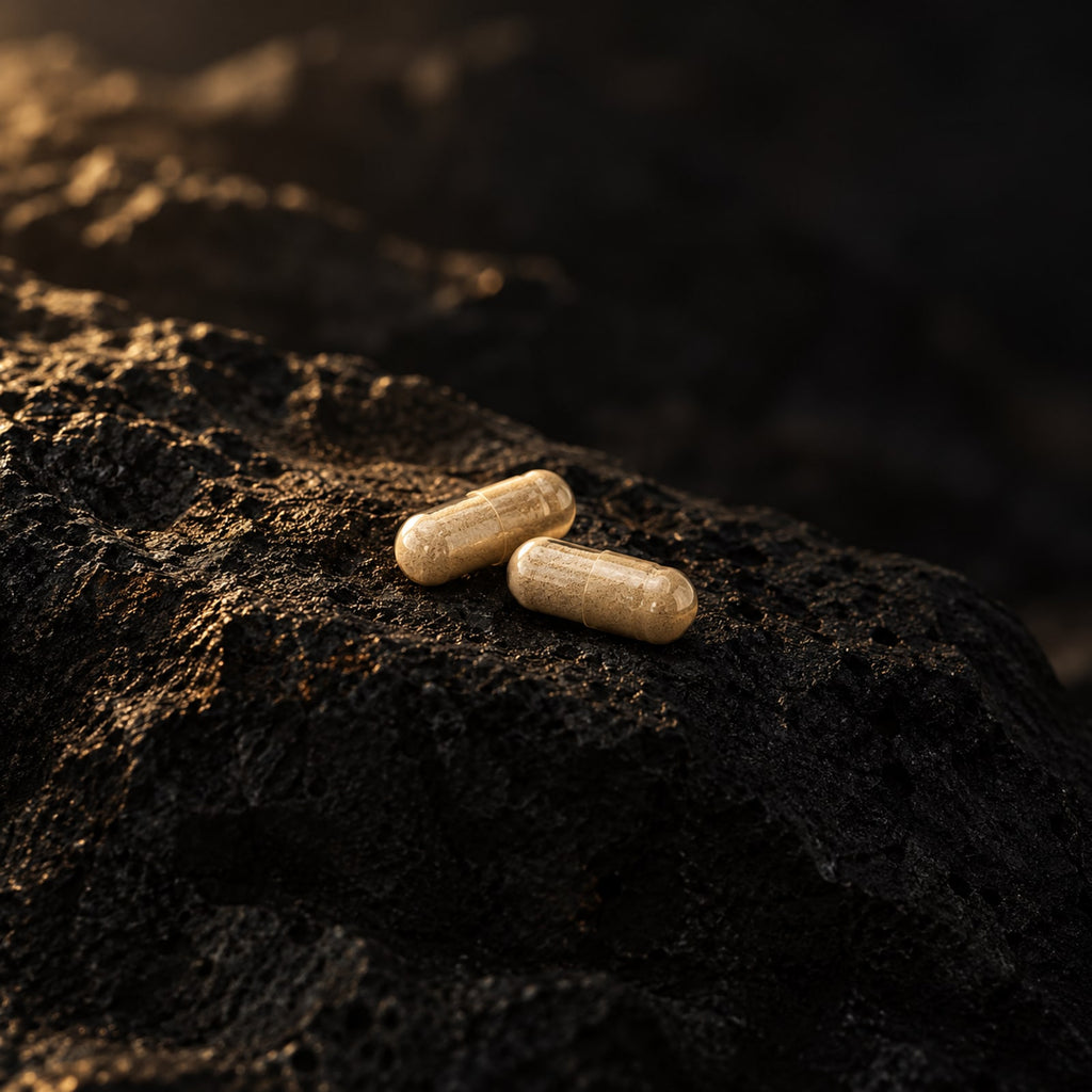 Two Age Defense capsules on dark stone